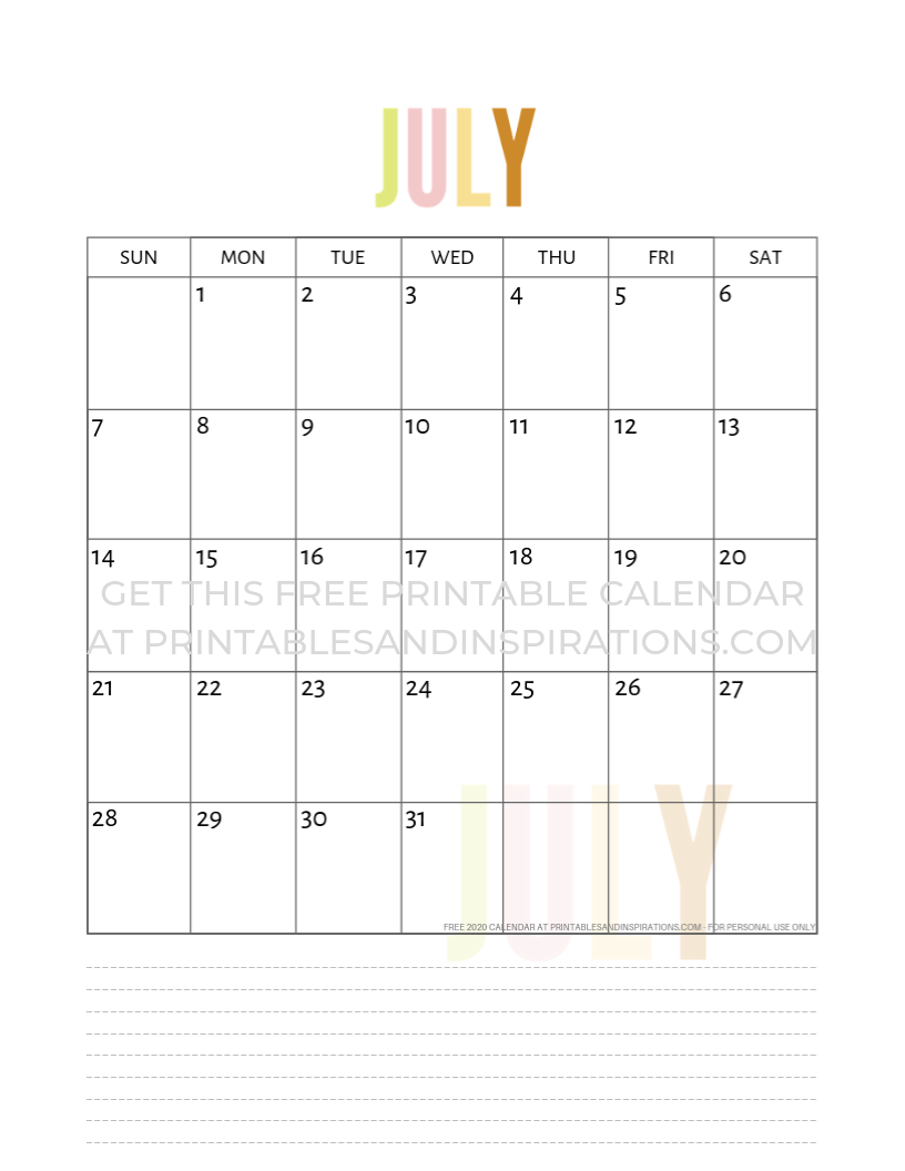 July 2019 Calendar – Free Printable! - Printables And Inspirations