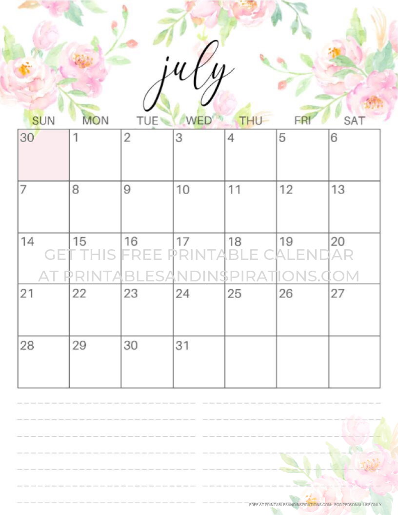 July 2019 Calendar – Free Printable! - Printables And Inspirations