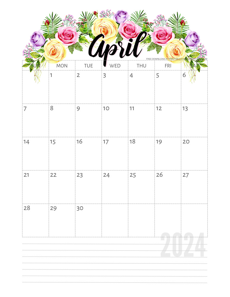 Beautiful April 2024 Calendars Free Printable - Printables and Inspirations