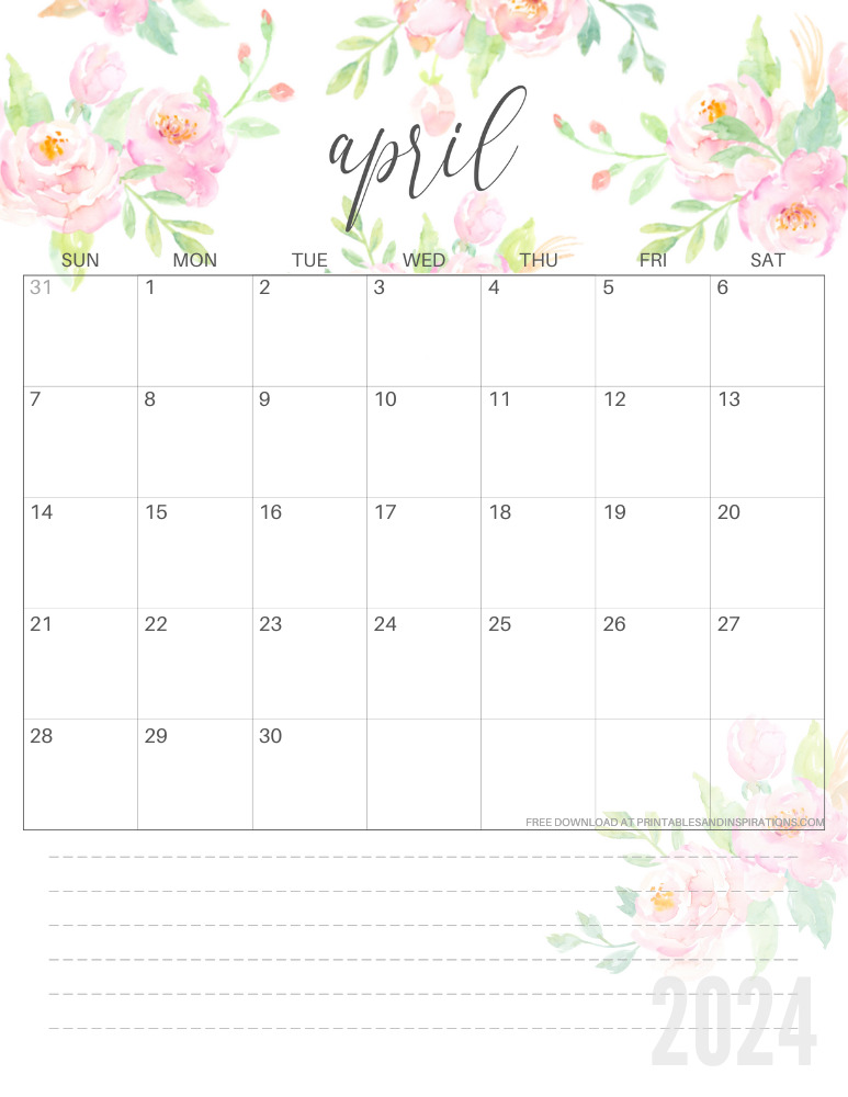 Beautiful April 2024 Calendars Free Printable - Printables and Inspirations