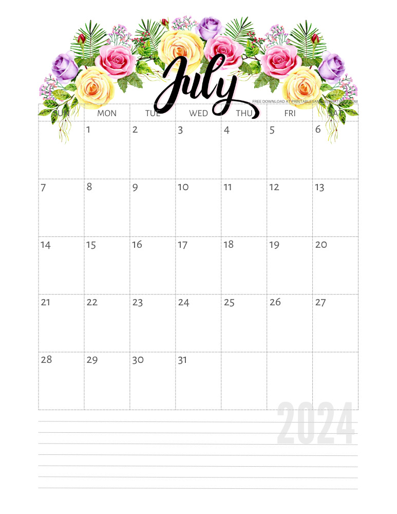 Beautiful July 2024 Calendar Free Printable - Printables and Inspirations