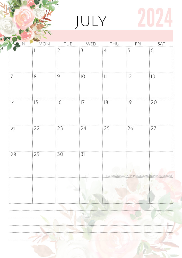 Beautiful July 2024 Calendar Free Printable - Printables and Inspirations