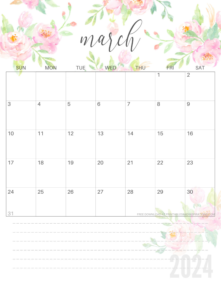 Beautiful March 2024 Calendars Free Printable - Printables and Inspirations