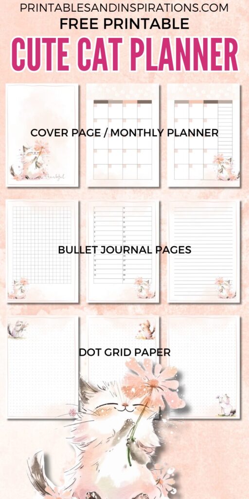 Free printable cat planner pdf template - bullet journal printable thankful cat theme #bulletjournal #planneraddict #printablesandinspirations #freeprintable